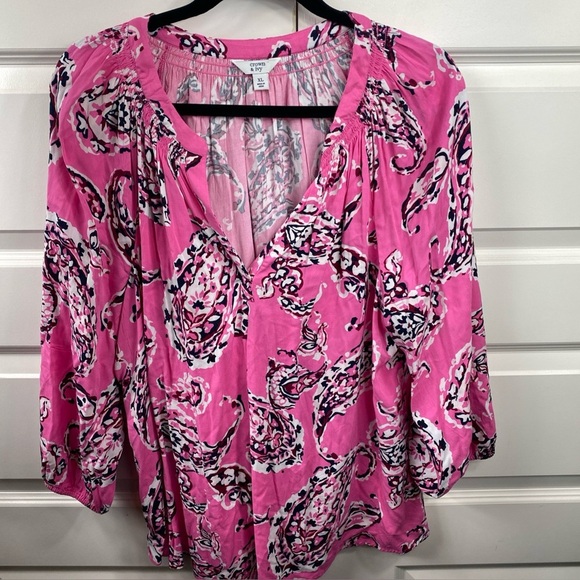 Crown & Ivy Bright Pink Paisley Flowy Bohemian Peasant Sleeve XL Extra Large Top - Picture 1 of 6